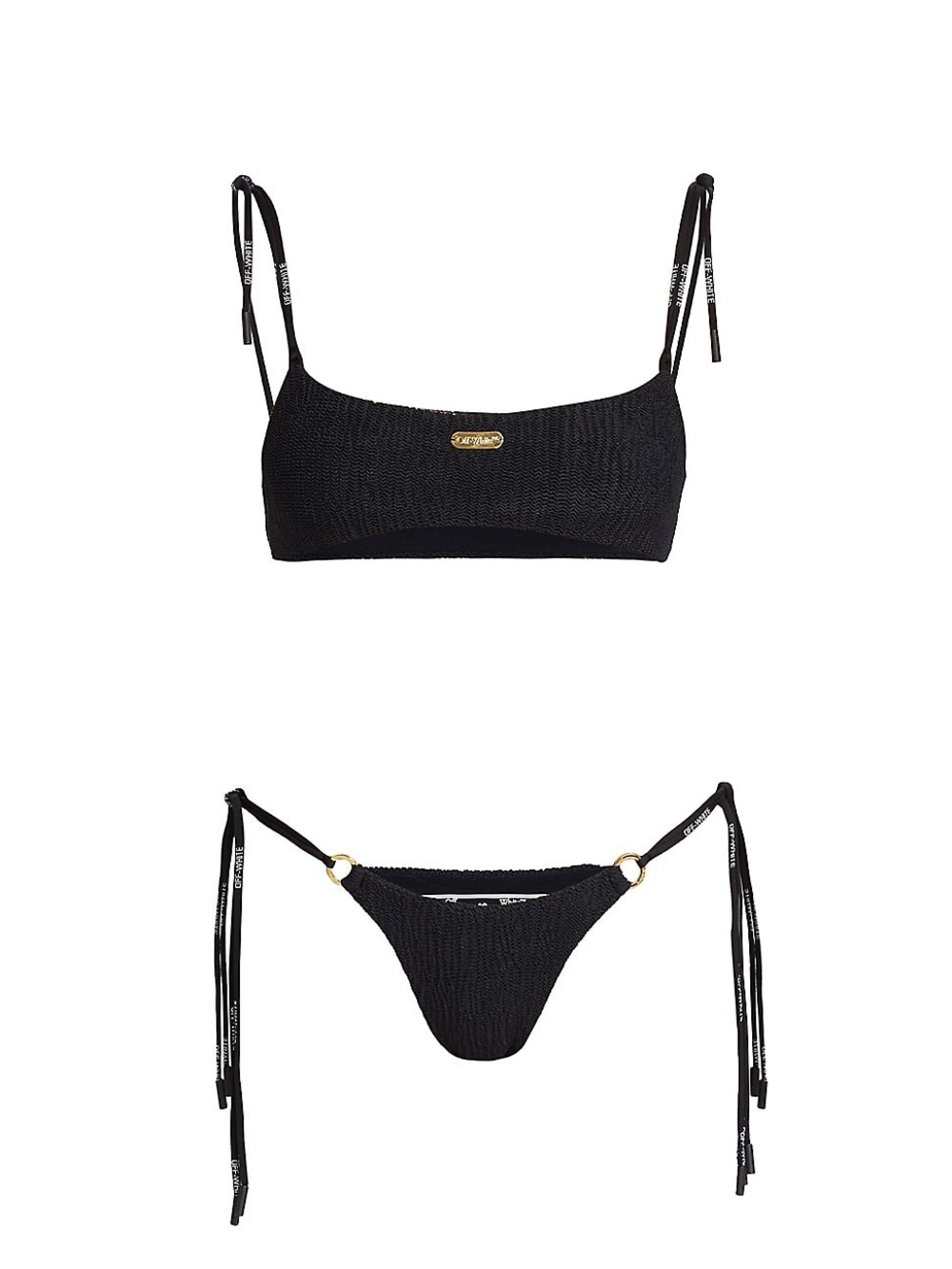 Off-White Black Textured Ring-Accent Bikini Set
